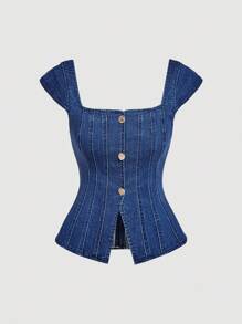 SHEIN MOD Áo denim nữ casual cài cúc phía trước, áo denim xanh mùa hè, áo cổ vuông, áo phong cách Gyaru, Y2K, mùa thu, áo đi chơi nữ, thanh lịch, phong cách cổ điển, áo dễ thương, sang trọng, vintage, áo corset - Rửa tối - Xem 6