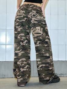Paul Frank X ROMWE Y2K Kpop 街头风猴子刺绣宽松迷彩超低腰牛仔裤 - 軍綠色 - 查看 1