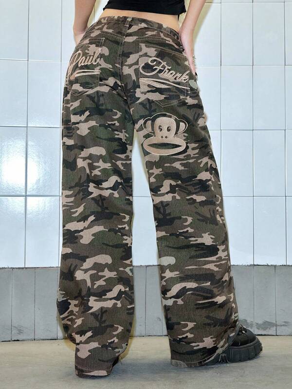 Paul Frank X ROMWE Jeans holgados de cintura súper baja con bordado de mono, estilo streetwear Y2K K-pop