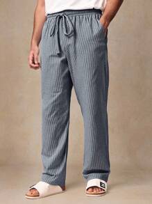 Manfinity VCAY 男士休闲通勤海滩旅行直筒条纹印花裤 - 藍白色 - 查看 3