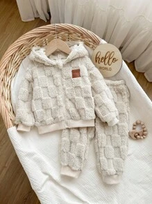 男婴可爱格子蓬松连帽卫衣套装，秋冬 - 米色 - 查看 5