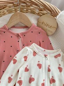 4 件套新生女婴可爱心形和波尔卡圆点拉链连体衣套装，带头带，柔软亲肤睡衣套装