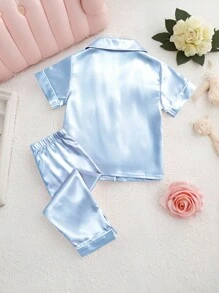 Conjunto de pijama casual cómodo de 2 piezas con pantalón y manga corta en color lila y champán para bebé niña, primavera/verano - Celeste - Ver 2