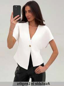 SHEIN PETITE CURVE Áo sơ mi nữ cỡ lớn màu trơn, cài một nút, tay bồng, kiểu dáng thường ngày, áo kiểu nữ mùa hè, áo kiểu đường phố, áo sơ mi nữ thanh lịch, áo blazer tay ngắn màu trắng, áo khoác cardigan tay ngắn thanh lịch, áo blazer trắng mùa hè, áo blazer trắng dáng ngắn, kiểu Stockholm, phù hợp với người có vóc dáng thấp. - trắng - Xem 8