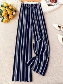 GlowEve 女士印花宽松蝴蝶结腰优雅休闲裤，适合度假和日常穿着 - 藏蓝色 - 查看 1