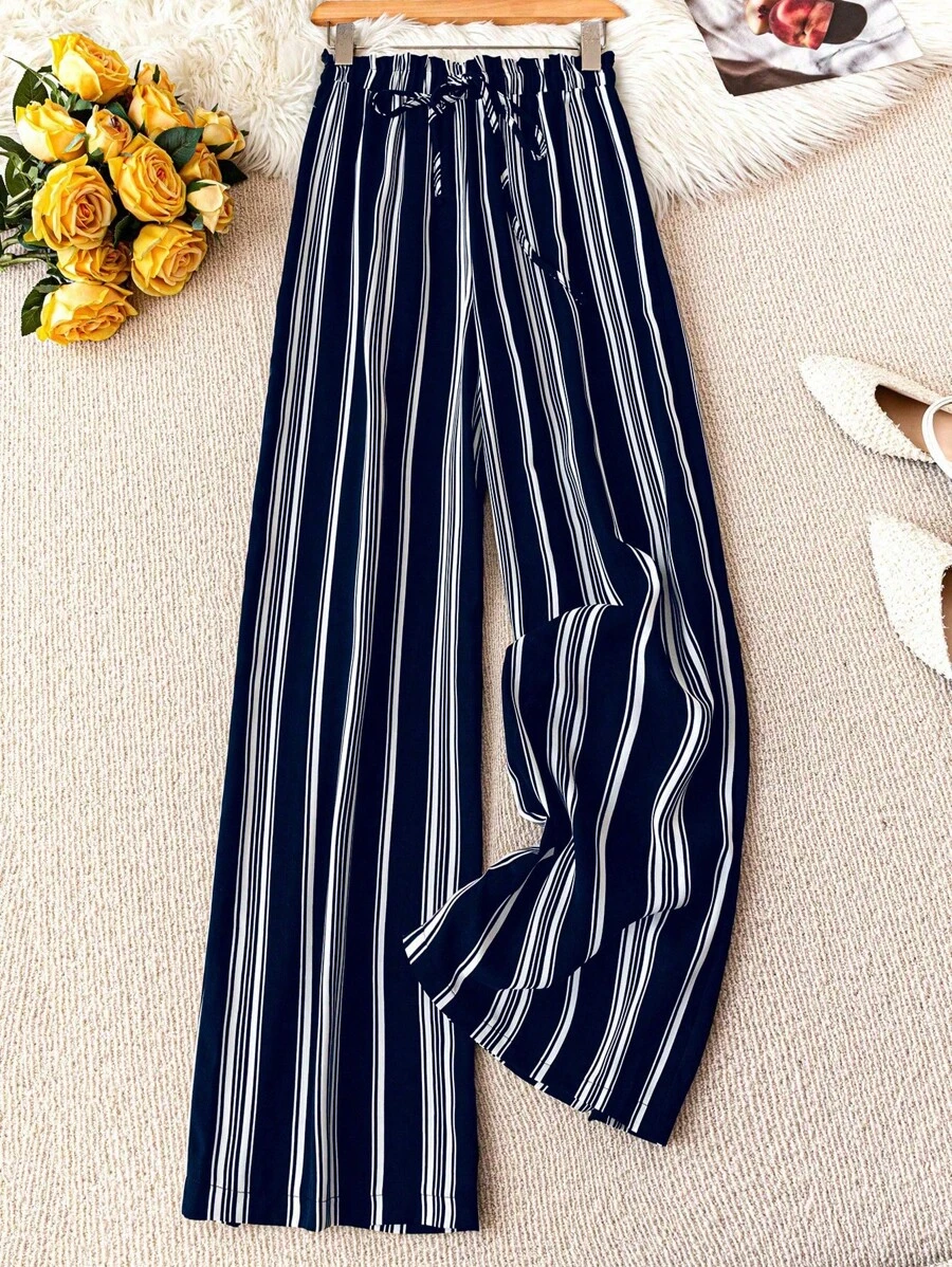 GlowEve 女士印花宽松蝴蝶结腰优雅休闲裤，适合度假和日常穿着 - 藏蓝色 - 查看 1