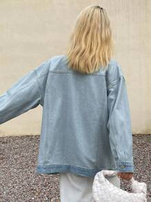 Livesso Women's Casual Everyday Contrast Color Button Up Loose Denim Shirt,Jeans Jacket,Fall Women Clothes - Blue - View 2