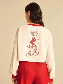 CAJUNI 女士休闲度假美人鱼印花长袖短款运动衫秋冬女装 - 杏色 - 查看 2