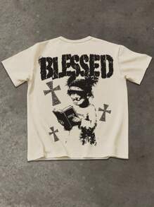 Manfinity EMRG Men's T-Shirt, Khaki/Beige Round Neck Short Sleeve T-Shirt With Faith And Little Girl Reading Bible Print, American Vintage, Streetwear Style, Casual, Summer - Khaki - View 5
