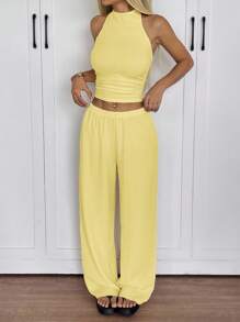 SHEIN EZwear 女士针织纹理吊带上衣和裤子休闲度假套装 黄色两件套 夏季两件套 女士舒适两件套 夏季两件套 休闲舒适两件套 女士度假套装 女士两件套 女士夏季套装 女士夏季套装 女士套装 - 鵝黃色 - 查看 4