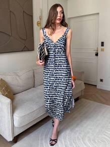 Pariaura 女士夏季番茄印花长裙，休闲通勤百搭夏季连衣裙，适合大学校园穿着 - 藏蓝色 - 查看 5