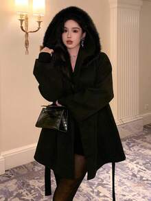 DAZY Women's Elegant Collar Belt Overcoat, Autumn/Winter Jacket - Black - View 4