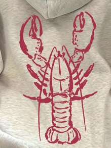 SHEIN 女式宽松落肩龙虾印花连帽衫 - 淺灰色 - 查看 5