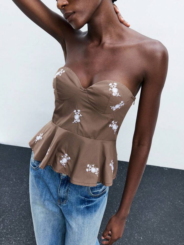 SHEIN Maija Women's Ruched Floral Embroidered Hem Bustier Top, Elegant For Urban Commute, Business, Casual, Christmas, New Year Party, Holiday, Beach, Music Festival