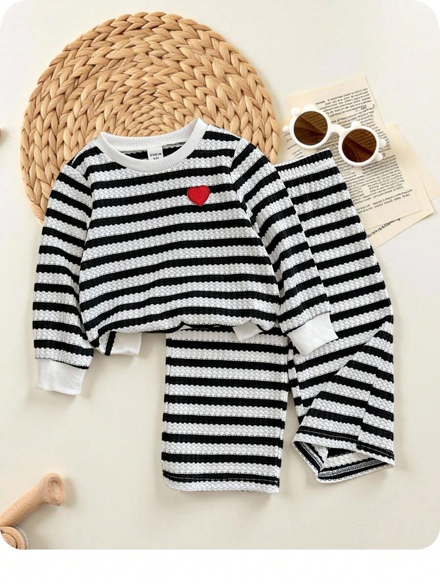 SHEIN Baby Girl Casual Contrast Striped Sweatshirt & Pants Set Toddler Striped Outfit Baby Striped Two Piece Set Knit Striped Baby Clothes Black And White Baby Set Toddler Knit Set Fall Winter