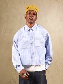 Camisa abotonada corta SUMWON con patrón de rayas, bolsillos parche, estilo de ropa de trabajo con doble bolsillo en el pecho, manga larga, ajuste holgado, uso casual, moda callejera de primavera y otoño, liso - Azul y blanco - Ver 1