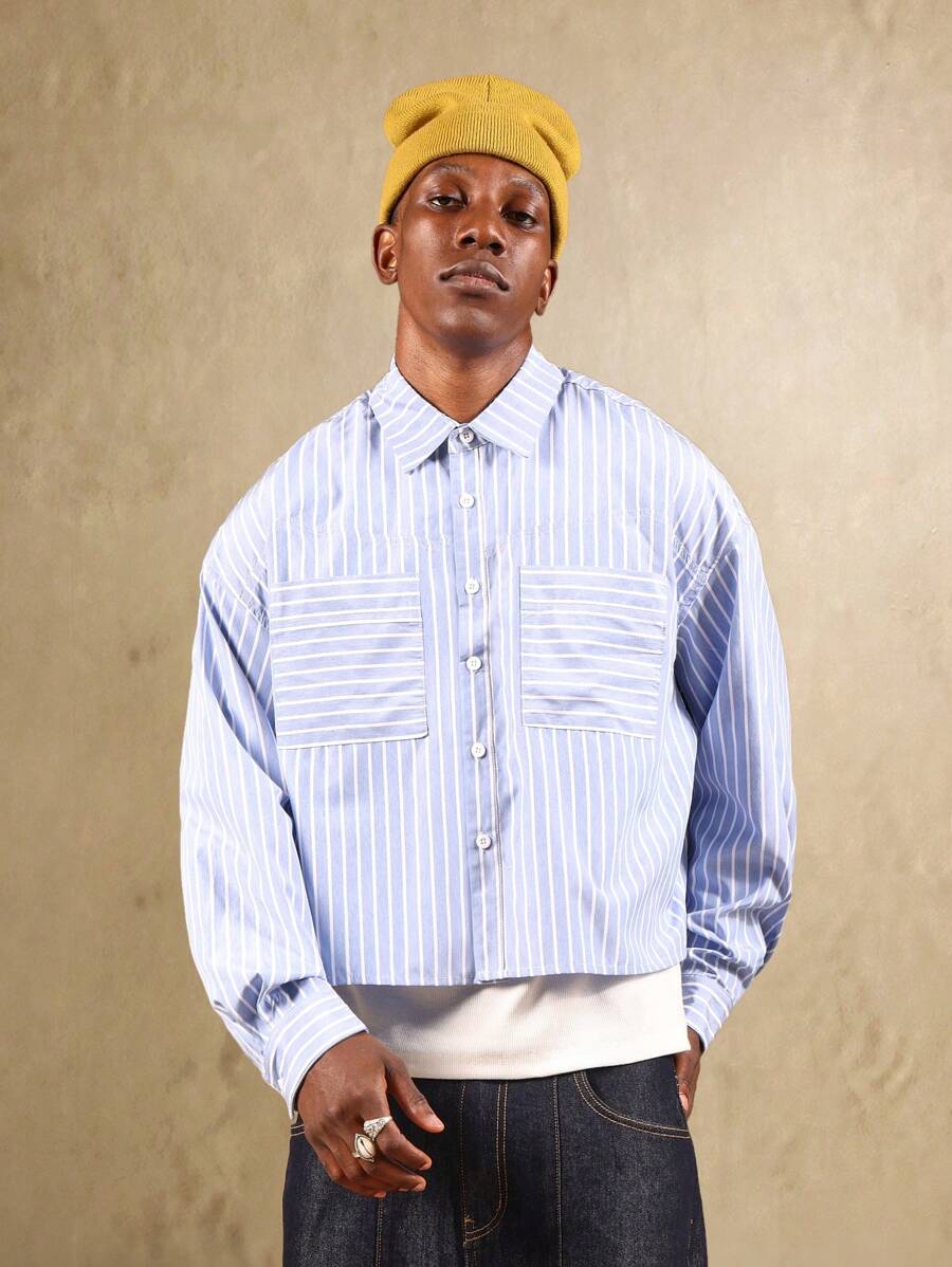Camisa abotonada corta SUMWON con patrón de rayas, bolsillos parche, estilo de ropa de trabajo con doble bolsillo en el pecho, manga larga, ajuste holgado, uso casual, moda callejera de primavera y otoño, liso - Azul y blanco - Ver 1