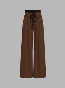 SHEIN Unity 2 件套女士拼色针织弹力修身运动服套装，包含背心和裤子，适合健身、休闲和家居服 - 棕色 - 查看 5