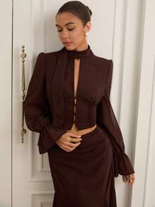 Aveloria Rosie 新款中国风镂空荷叶边长袖衬衫搭配透明领和丝带，夏季新款美式性感欧式优雅上衣+雪纺腰褶松紧腰直筒裙中长裙，适合音乐节、海滩度假、教师会所 - 棕色 - 查看 1