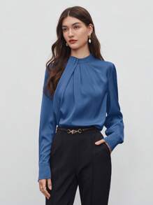 BizChic 女士秋季高领不对称设计褶饰宽松长袖上衣，基本款简约优雅别致商务休闲办公装，适合教师、婚礼、音乐会