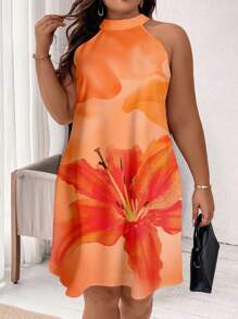SHEIN Clasi Plus Size Elegant Floral Print Halter Neck Dress, Suitable For Summer Suitable For Going Out Chic Dress - Orange - View 3