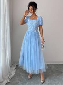 Elenzga Váy lưới thêu họa tiết cổ vuông thanh lịch cho nữ, mùa xuân/hè - Màu xanh lam - Xem 7