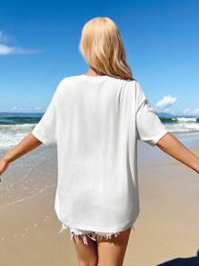 SHEIN EZwear Camiseta holgada de mujer de manga corta con cuello redondo, de estilo minimalista casual con estampado de flor de hibisco rosa, de mezcla de algodón, adecuada para el verano - Blanco - Ver 2