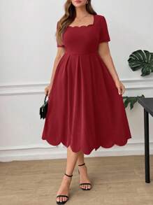 Ellevyn 加大码优雅女士连衣裙，方形领口，贝壳边，纯色 - 酒紅色 - 查看 4