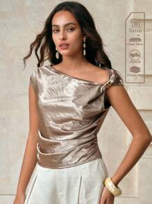 Arave Damen Satin Metall Dekorative Accessoires Plissee asymmetrische Schultern Schräger Kragen Design Tägliche Pendler Exquisite Retro Mode Elegante Vintage Kleidung Frauen Reise Flughafen Top - Grün - Übersicht 1
