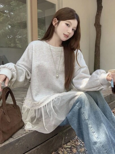 DAZY 女士圆领韩版网眼拼接宽松长袖运动衫秋冬