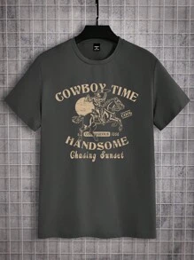 Manfinity Homme 狂野西部牛仔骑马印花修身短袖 T 恤，男士休闲时尚，深灰色