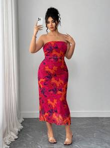 Elenzga Plus Size Women's Fully Allover Print Ruched Fitted Bodycon Dress - Purple - View 3