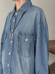 FRIFUL Áo khoác denim nữ màu xanh nhạt dáng suông, có túi, kiểu dáng thường ngày, đa năng, thích hợp mặc mùa thu. - Màu xanh lam - Xem 5