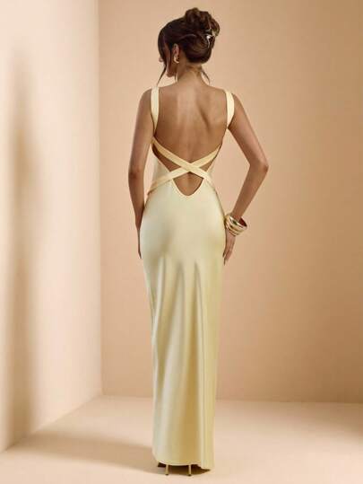 SHEIN BAE Butter Yellow Backless Tie-Up Minimalist Bodycon Satin Mermaid Dress For Women, Elegant For Brunch, Bridesmaid, Party, Formal Occasions, Wedding, Birthday