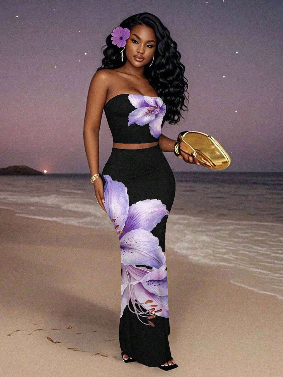 Slaydiva 2pcs Floral Print Strapless 2025 Spring/Summer Casual Set For Women, Suitable For Vacation, Parties, And Countryside Two Pieces Set Women Floral Two Pieces Set Tropical Two Pieces Set 2 Pieces Vacation Set Women Curve Two Pieces Set Suitable For Going Out - Multicolor - View 1