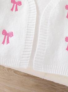 Souflis Souflis Young Girl 1 Piece Sweet Bow-Embroidered Cardigan , Pink & White V-Neck Puff Sleeve Open Front Lightweight Cropped Cardigan For School & Weekend Outings, Spring/Fall - White - View 5