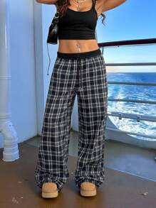 Veykashi Plus Size Black & White Plaid Print Loose Casual Pants, Suitable For Summer Suitable For Going Out - Dark Grey - View 2