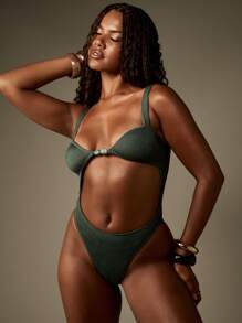 MISSGUIDED Costume da bagno intero monokini con texture a costine, taglio cut-out, con accento di perle, adatto per vacanze al mare, resort e piscina estiva