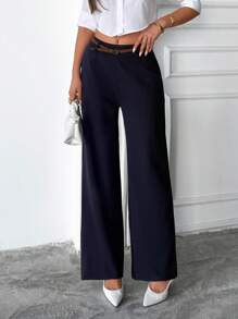 EURMUSE Calça feminina de perna larga com cinto e detalhes em cor sólida - Azul marinho - Ver 4