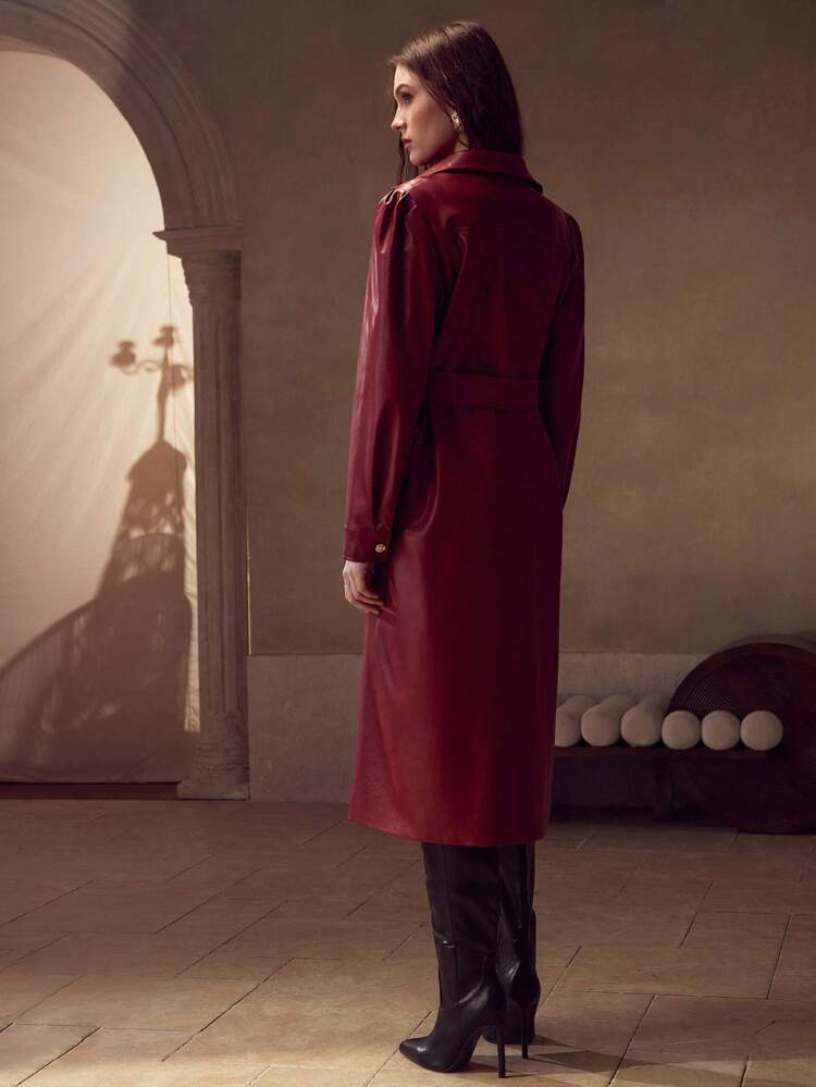 PU LEATHER EMBROIDERY TRENCH COAT
