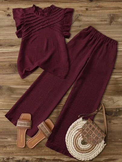 Omancia Women's Casual Blue Asymmetrical Ruched Decor Flutter Sleeve Ruffle Collar Blouse + Women's Casual Blue Elastic Waist Side Pockets Straight Leg Cropped Pants, Spring/Summer