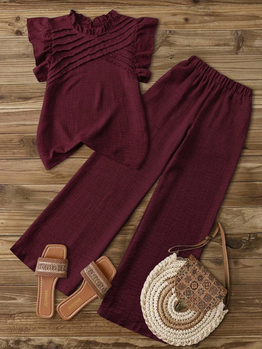 Omancia 女士休闲蓝色不对称褶皱装饰荷叶袖荷叶领衬衫 + 女士休闲蓝色弹力腰侧口袋直筒七分裤，春夏款 - 紅色 - 查看 1