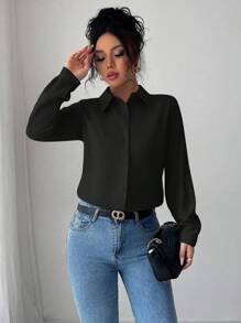 Elenzga Women's Solid Color Long Sleeve Single-Breasted Casual/Work Shirt Fall Cloth For Women - Black - View 4