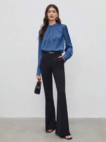 BizChic 女士秋季高领不对称设计褶饰宽松长袖上衣，基本款简约优雅别致商务休闲办公装，适合教师、婚礼、音乐会