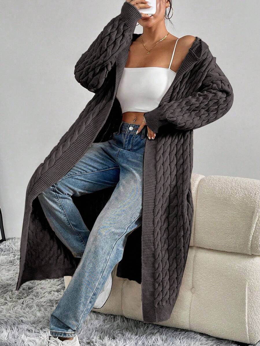 Flirla Women's Twist Cable Pattern Long Sleeve Hooded Long Cardigan, Fashionable & Versatile Fall Winter Cloth For Women - Grey - View 1