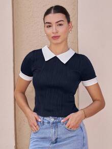 Andrea Bello Contrast Trim Keyhole Back Tee - Navy Blue - View 4