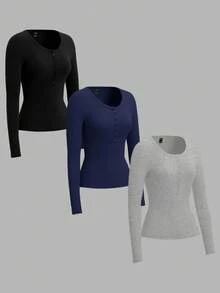 SHEIN EZwear Áo thun dài tay cài cúc 3 màu dành cho nữ, kiểu dáng ôm sát, cổ chữ V, bộ 3 áo dài tay. - Màu xanh hải quân - Xem 3