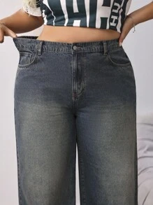 SHEIN CURVE+ 大码复古蓝色牛仔裤高腰阔腿裤Y2K复古穿舒适松紧腰秋季新品女装秋装 - 深色水洗藍 - 查看 4