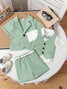 3 件套男婴经典绅士服装套装，包括西装外套、背心、裤子，适合生日、婚礼、洗礼、1 岁生日派对、男婴表演、婚礼仪式 - 軍綠色 - 查看 5