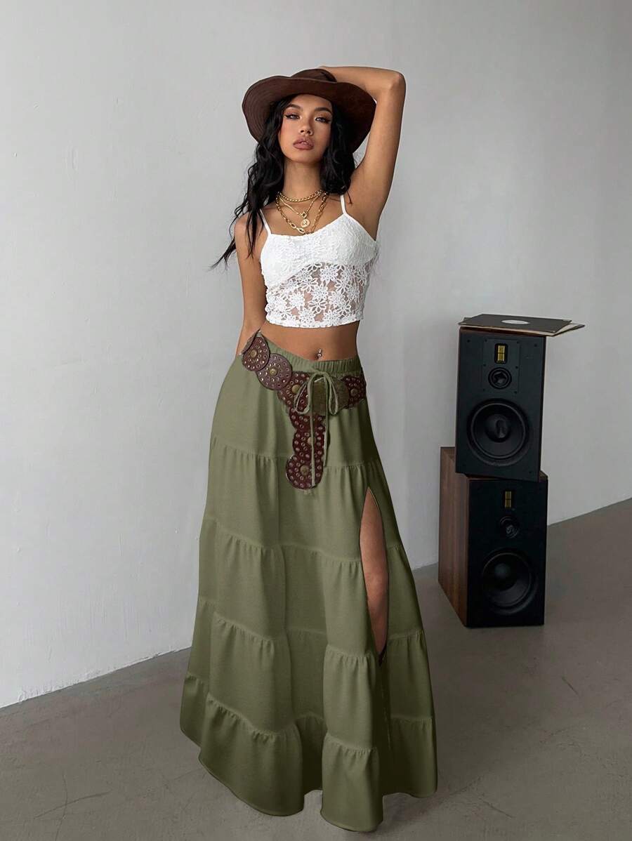 Siren Gaze 橄榄绿色休闲简约系带分层开衩下摆A字裙，适合夏季